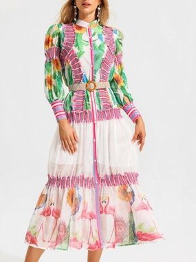 JardinVue floral la lantern sleeve stand collar belted ruffle maxi dress. NWT